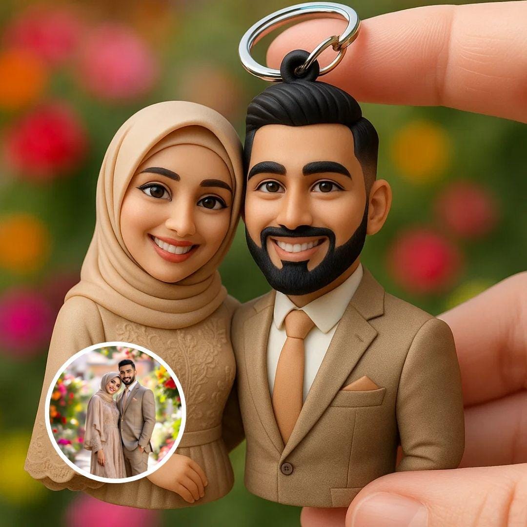 Custom 3D Couple Keychain β Personalized Wedding, Hijab, and Floral Figurine Gift