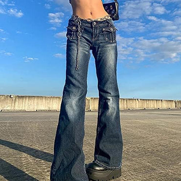 Women Gothic Cargo Pants Loose Low Waist Trousers Wide Leg Baggy Jeans Harajuku Streetwear Punk