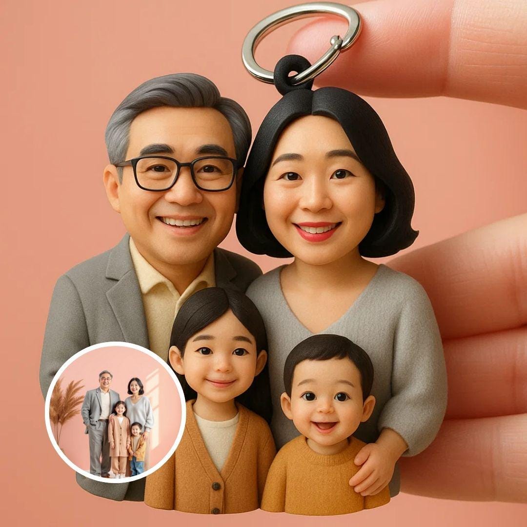 Custom 3D Family Figurine Keychain – Personalized Parents & Children Miniature Gift