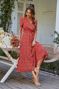 Women'S Summer Floral Boho Maxi Dress Wrap Short Sleeve V Neck Ruffle A-Line Flowy Wedding Guest Long Dresses