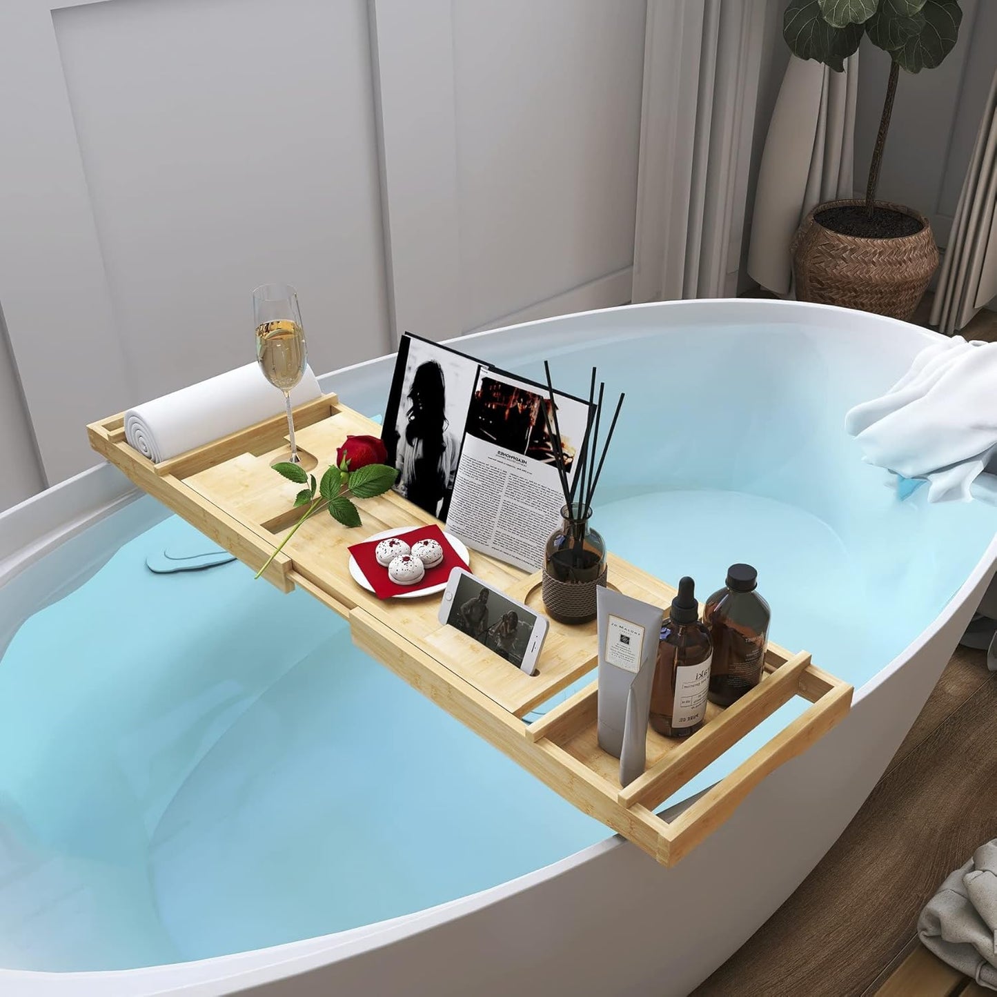 Bamboo Bathtub Caddy Tray, Expandable Bath Table over Tub for 1-2 Person, Luxury Bath & Bed Tray with Wineglass Book & Free Soap Holder (Natural)