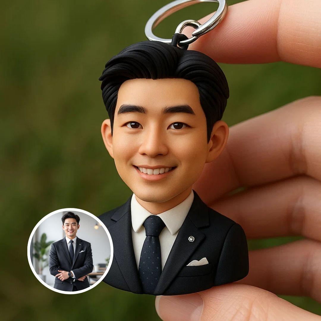 Custom 3D Business Portrait Keychain – Personalized Executive Mini Figurine Gift