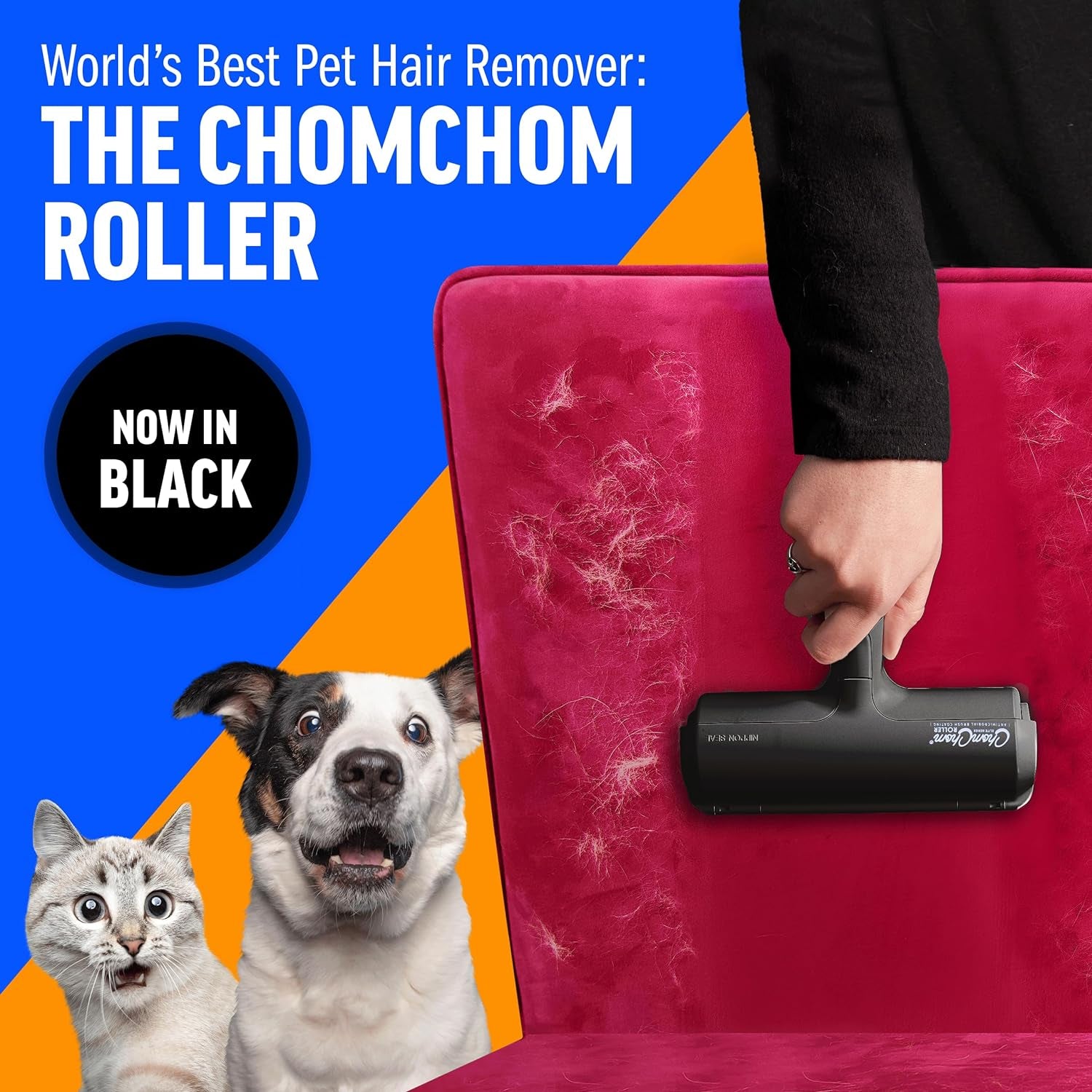 Pet Hair Remover and Reusable Lint Roller - Cat and Dog Hair Remover for Furniture, Couch, Carpet, Clothing and Bedding - Portable, Multi-Surface Fur Removal Tool (Black)