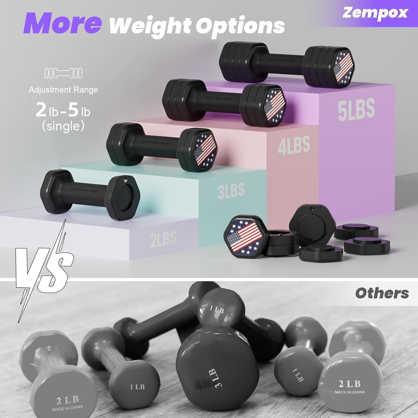 Adjustable Dumbbell Set of 2, 4 in 1 Hand Weights for Women at Home, 5 Lb Weights Dumbbells Set of 2, Each 2Lb 3Lb 4Lb 5Lb with TPU Soft Rubber Handle for Home Gym Exercise Training