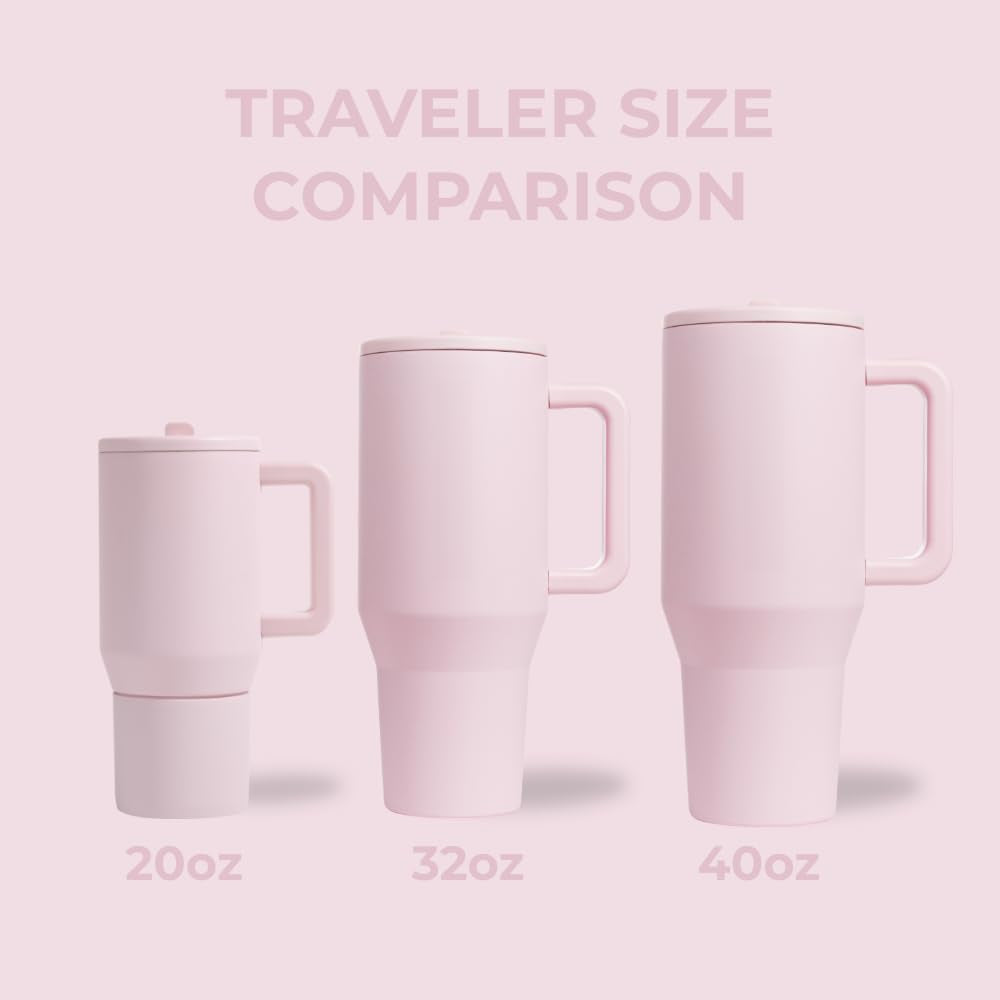 Traveler - 40 Oz Water Bottle with Handle & Flip Straw - Fits in Cup Holder, Leak Resistant Tumbler-Reusable Insulated Stainless Steel & Rubber Base - Gifts for Women & Men, Pink Sand