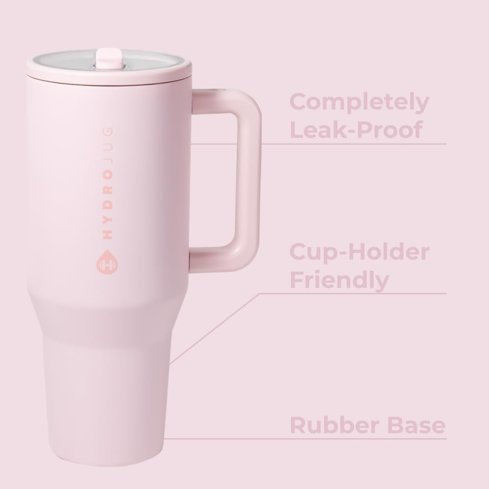 Traveler - 40 Oz Water Bottle with Handle & Flip Straw - Fits in Cup Holder, Leak Resistant Tumbler-Reusable Insulated Stainless Steel & Rubber Base - Gifts for Women & Men, Pink Sand