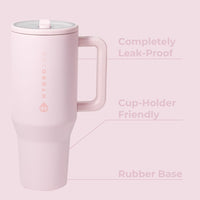 Traveler - 40 Oz Water Bottle with Handle & Flip Straw - Fits in Cup Holder, Leak Resistant Tumbler-Reusable Insulated Stainless Steel & Rubber Base - Gifts for Women & Men, Pink Sand