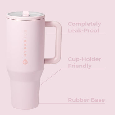 Traveler - 40 Oz Water Bottle with Handle & Flip Straw - Fits in Cup Holder, Leak Resistant Tumbler-Reusable Insulated Stainless Steel & Rubber Base - Gifts for Women & Men, Pink Sand