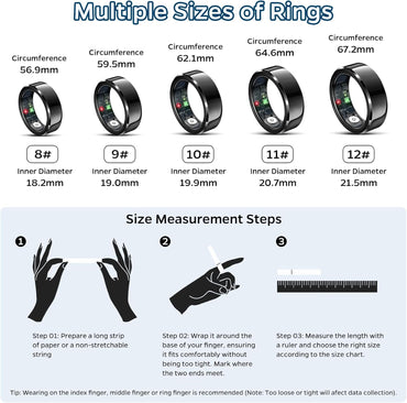 Smart Ring Health Tracker, Sleep Tracker Ring with Heart Rate, Waterproof Fitness Ring for Activity Monitoring/Steps/Distance/Calories, Air Gestures, up to 7-Day Battery, for Ios Android (Black,#10)