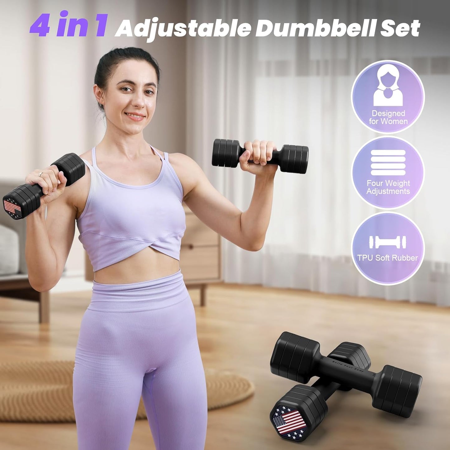Adjustable Dumbbell Set of 2, 4 in 1 Hand Weights for Women at Home, 5 Lb Weights Dumbbells Set of 2, Each 2Lb 3Lb 4Lb 5Lb with TPU Soft Rubber Handle for Home Gym Exercise Training